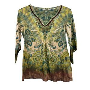 LIve and Let Live Boho Gypsy Tie-Dye Paisley Print V-Neck  Tunic Top